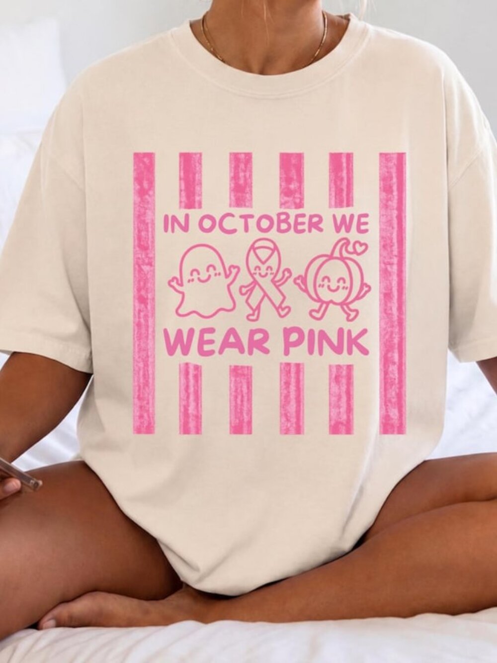 In October We Wear Pink Shirt Breast Cancer Awareness Halloween Tee